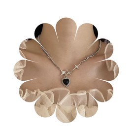 Aneneiceera Vintage Onyx Heart Pendant Necklace Silver Love Heart Choker Necklace Tiny Cz Cross Heart Necklace Chunky Punk Chain Necklace Jewelry for Women and Girls