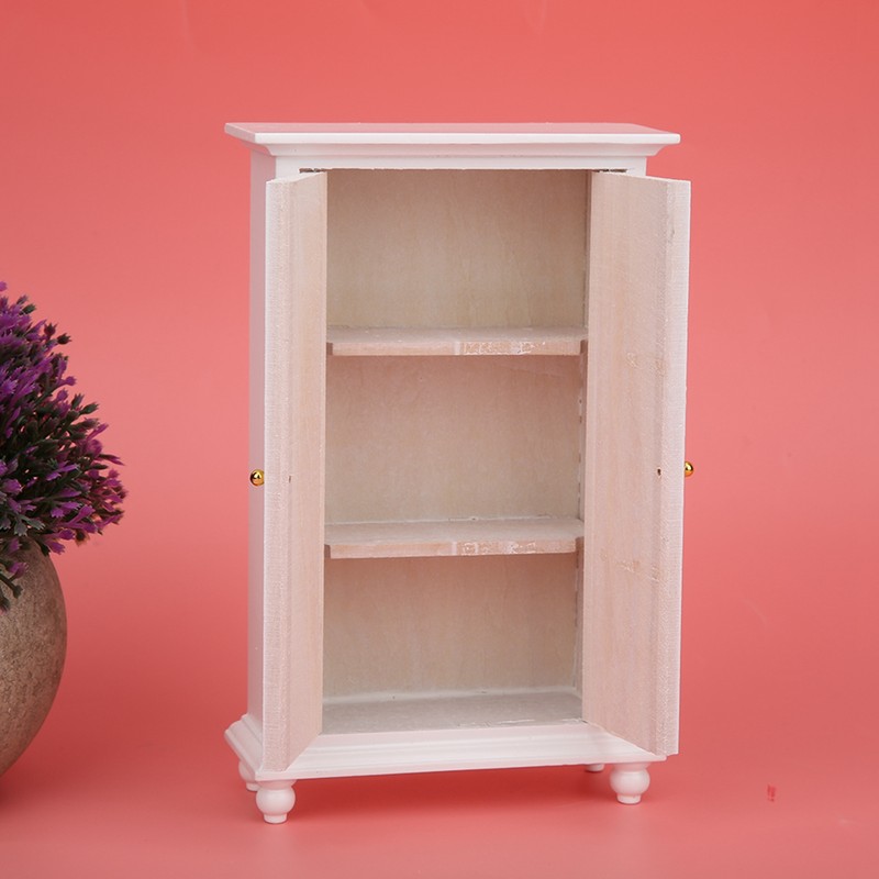 Miniature Doll House Wardrobe White Wooden Double Door Household Closet