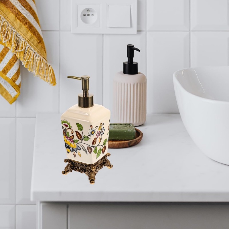 BESTOYARD Vintage Ceramic Soap Dispenser 340ML with Flower Printing Design,