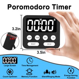 Pomodoro Timer, Digital Productivity Timer with Large Display, Kitchen Timers for Cooking, Settings 1-5-10-25 Minutes, Black