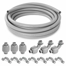 (1/2" Dia * 25 Feet) Yariwiz Flexible Electrical Conduit Liquid Tight PVC Conduit Kit with 3 PCS Coupling, 3 PCS Elbow and 7 PCS Strap, Sealtight Seal Flex Liquidtight Wire Outdoor Non Metallic Grey