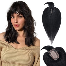 TESS Hair Toppers for Women Real Human Hair, 150% Density 7 * 13 CM Silk Base Clip in Extension Top Wiglet, Remy Hair Pieces for Slight Hair Loss Cover/Thin Hair/Gray Hair (12 Inch, Jet Black #01)