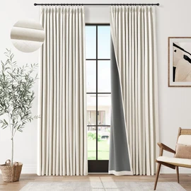 100% Light Blocking Pinch Pleat Linen Curtains 84 Inch Length 2 Panels Set Thermal Insulated Black Out Natural Linen Pleated Drapes for Bedroom Dining Living Room Neutral Cream Blackout Curtains 7FT