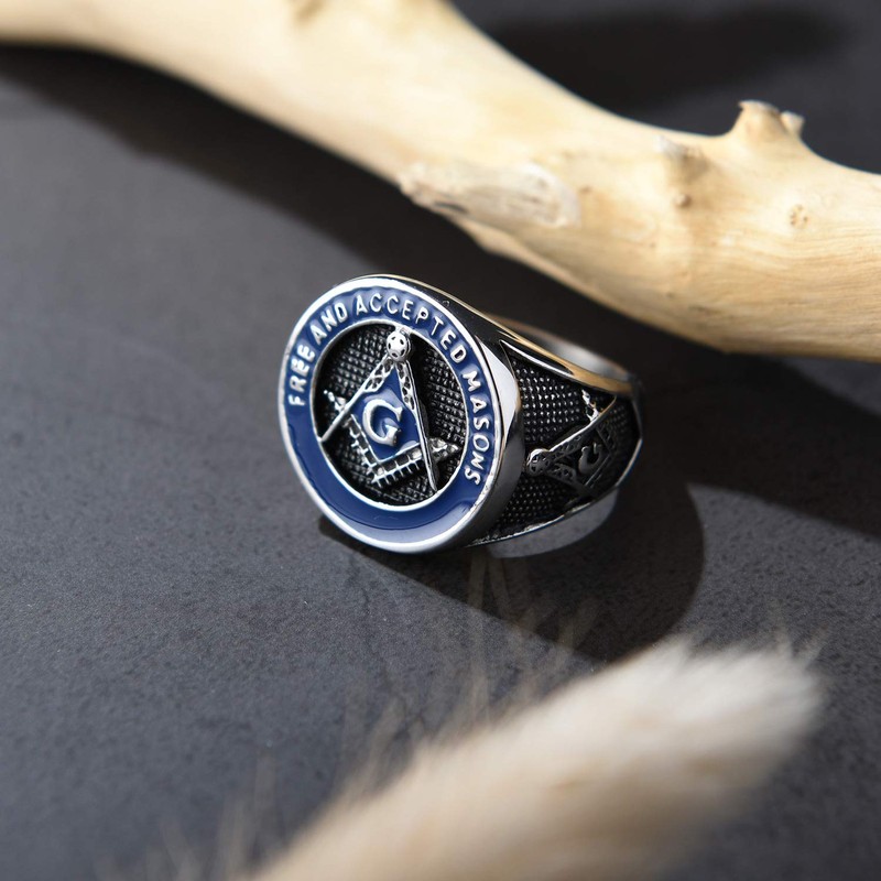 INRENG Men's Stainless Steel Vintage Freemason Masonic Biker Rings Blue
