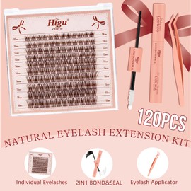 Brown-Cluster-Lashes Kit Wispy Lashes Clusters Kit 10-18mm, Higu clace Eyelashes- Individual with Bond and Seal and Tweezers, DIY Lash Extensions Kit at Home(Brown 01）