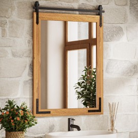 TETOTE Wood Framed Bathroom Vanity Mirror 24” x 36” Rustic Farmhouse Barn Door Natural Solid Wooden Mirror for Living Room Entryway, Waterproof, Fully Assembled