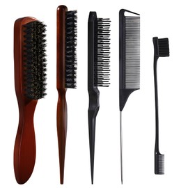 Slick Back Hair Brush, 5 PCS Boar Bristle Brush Teasing Brush Set for Women Men, Slick Back Brush Smoothing Brush Sleek Hair Brush for Slicking Hair Beard
