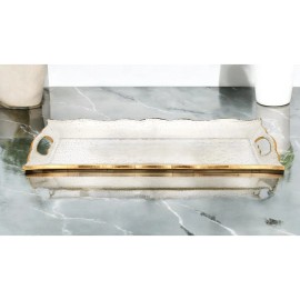 Homeroots 20" Clear And Gold Seeded Glass Serving Tray With Handles