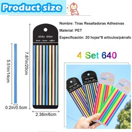 4 Set 640 Tiras Resaltadoras Adhesivas, Pestañas de Página, Índice Adhesivos, Larga Notas de Colores Para Libros, Marcadores de Página Multicolores, Highlighter Strips de Cuadernos para Escuela