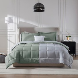 7 Pcs Reversible Bed in a Bag Set Two Tone Lightweight Comforter Set Cal.King Size Diamond-Pattern Stitching | Sage Green Gray Color All Seasons Aesthetic Bedding Farmhouse Hotel Luxury Look