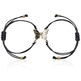 KSBBHDS 1 Pair Butterfly Friendship Bracelet, Braided Matching Bracelet, Golden Butterfly Distance Bracelet, Butterfly Pendant Friendship Bracelet (Black and White), Zinc alloy and wire