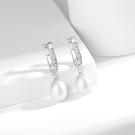 BAMIKI Pearl Earrings for Women, Real Cultured Freshwater Pearl Drop Dangle Earrings, 925 Sterling Silver Hoop Cubic Zirconia Earrings, Horseshoe Dangling Earrings Hypoallergenic Jewelry Gifts