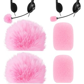 PAGOW 4 Pcs Mini Pink Foam Microphone Windscreens ＆ Furry Cover, High Density Mic Headset Cover, Lapel Microphone Windscreen for Lavalier Microphones Noise Reduction (2pcs Foam + 2pcs Furry)