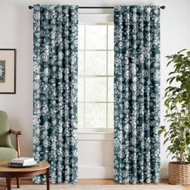 TQUQOBU Teal Linen Curtains Semi Sheer Curtains 84 inches Long for Living Room Bedroom, Light Filtering Noise Reducing Farmhouse Drapes Floral Curtains 2 Panels 3-in-1 Rod Pocket/Back Tab/Ring Hooks.