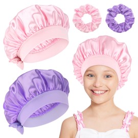 Prasacco 2 Pcs Kids Satin Bonnet and 2 Pcs Hair Band, Sleeping Cap for Teens Toddler Child Baby Adjustable Satin Cap Kids Bonnets for Natural Hair Night Sleeping Hat for Girl Boys Toddler