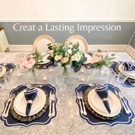 Bryonia Cotton Linen Placemats Set of 4 - Double Layered, Machine Washable, Wrinkle Resistance, Scalloped & Embroidered Cloth Table Mats - Fall Table Mat, 19 x 17 inch, Navy