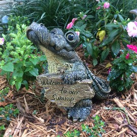 Toad Hollow Large Standing Gator with Welcome to Our Swamp Sign Alligator Statue 11" H