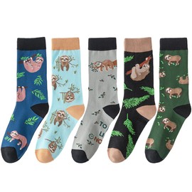 Angelteers 5 Pairs Cute Animal Crew Socks Fun Casual Cotton Calf Socks for Women (US, Alpha, One Size, Regular, Regular, Sloth)