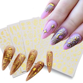 6 Sheets Gold Nail Art Stickers, Flowers Leaf Sun Moon Stars Line Nail Self-Adhesive Sticker Design, 3D Gold Moroccan Style Nail Transfer Decals Supplies for Women Girls Manicure Charms Decorations