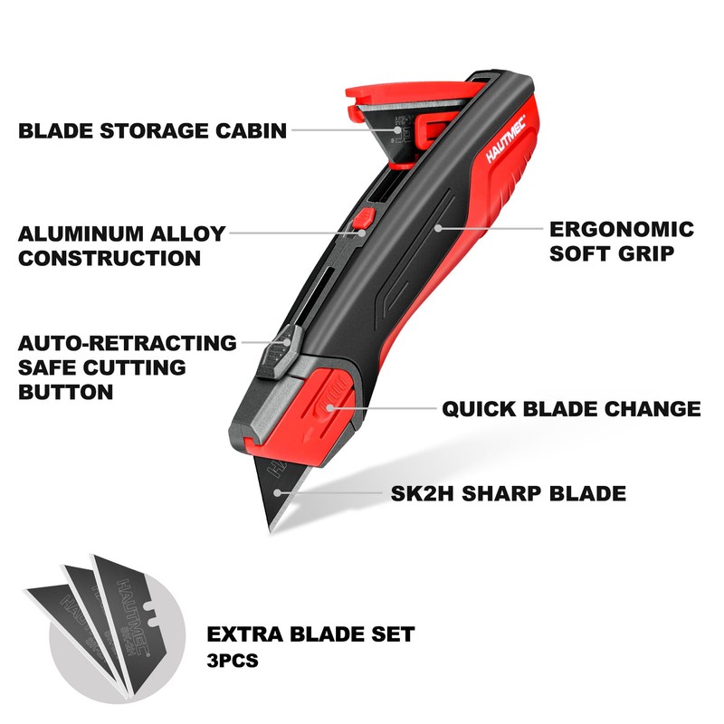 HAUTMEC Heavy Duty Self-Retracting Utility Knife, Safety Box Cutter with