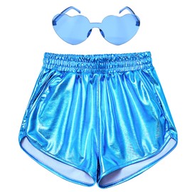 Mirawise Pantalones cortos metálicos para niñas, con brillantes, pantalones cortos con gafas de sol, Azul lago, 4-5T