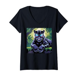 Womens Black Panther Sunglass Girl Boys Vintage Black Panther Party V-Neck T-Shirt