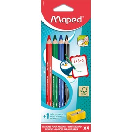 MAPED - 4 Marker'peps Wood Slate Coloured Pencils + Sharpener - Jumbo Format, Triangular Barrel - Oily Lead, FSC Bis - Dry Erase - 4 Assorted Colours -833809FC