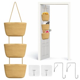 WATUNID Wall Organiser Hanging Wall Organiser with 3 Tier Hanging Basket Made of Cotton Rope Woven Hanging Bag Storage Bag for Bedroom, Living Room (Jute)