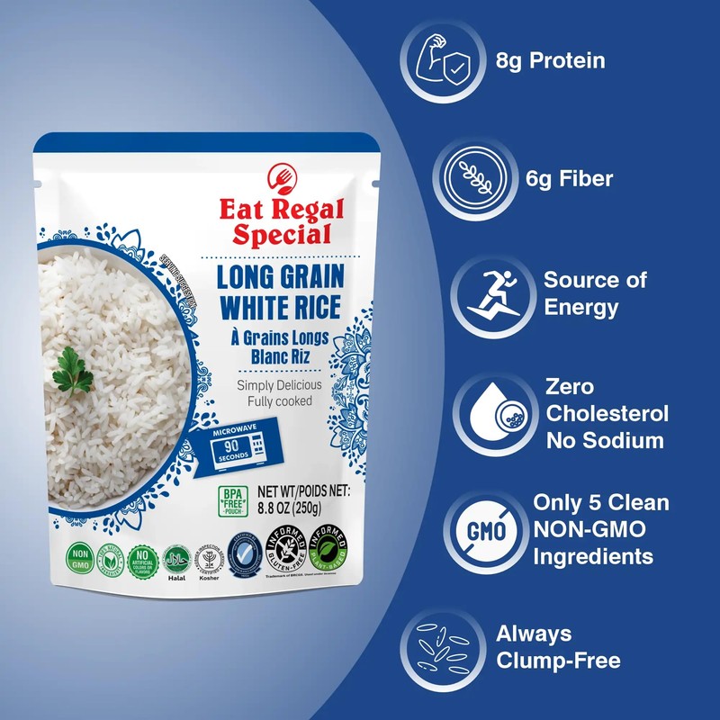 Eat Regal Long Grain White Rice, Non-GMO, Fully Cooked, Microwaveable,