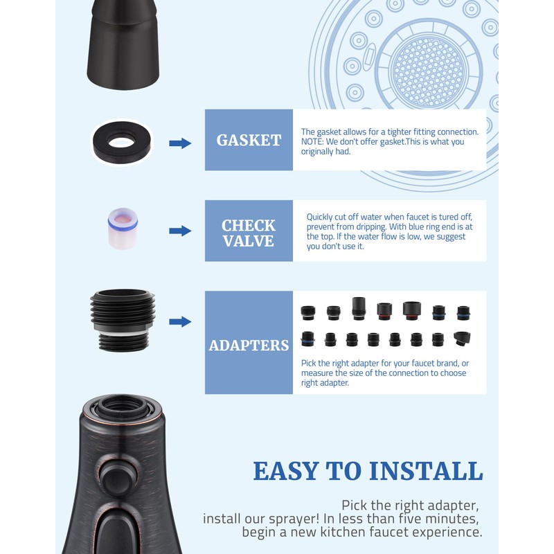 Kitchen Faucet Replacement Spray Head - with 15 Adapters, Pull