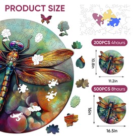 Wooden Puzzles for Adults, Dragonfly Jigsaw Puzzles 500 Pieces, Unique Shaped Round Flower Puzzles for Adults and Kids, Family Game 16.5 x 16 Inch