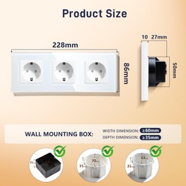 BSEED Glass Schuko Socket, 3-Way Crystal Glass Panel Socket, 3-Way Socket, Extension Sockets, Wall Socket, 16 A Socket, 228 mm, White