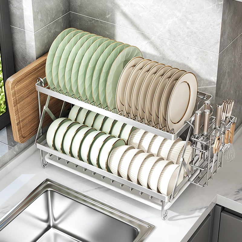 2-Tier 304 Stainless Steel Dish Rack, Foldable Over Sink with