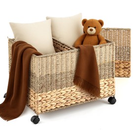 Cinnvoice Rolling Wicker Storage Basket 23×17.5×16 Inch Toy Basket with Lid and Locking Wheels t for Blanket Bedroom, Laundry Room Natural