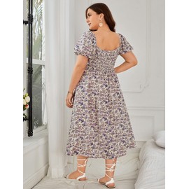 Floerns Women's Plus Size Floral Print Tie Front Square Neck Slit Hem Midi Dress Purple Floral 1XL