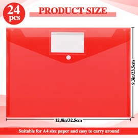 Lincia 24 Pcs Plastic Envelopes A4 Size Poly Envelopes Clear Red File Folders Work Document Holder Office Paper Plastic File Organizer with Label Pocket Snap Button Home File Bag for School Business