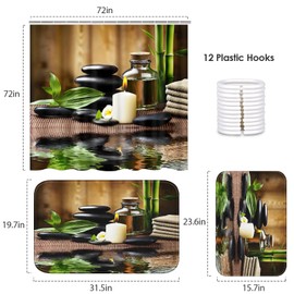 ArtSocket Green Bathroom Sets with Shower Curtain and Rugs and Accessories, Bamboo Stones spa Oil Shower Curtain Sets, Modern Shower Curtains for Bathroom,Zen Bathroom Decor 3 Pcs