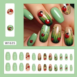 Press On Nails Glossy Full Cover Acrylic False Nails with Green Leaf Designs - Short Square Shape, Artificial Stick On Fingernails for Women