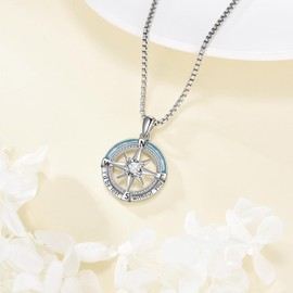 YAFEINI Compass Necklace 925 Sterling Silver Birthstone Compass Pendant Necklace Turquoise Compass Jewelry for Women -April
