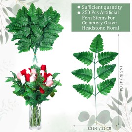 Yunlly 250 Pack Artificial Silk Green Fern Cemetery Flowers Leaf Picks Artificial Greenery Stems Fake Artificial Fern Leaves for Cemetery Grave Headstone Floral Arranging Crafting Decoration