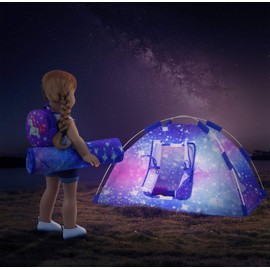 Ecore Fun 5 Items 18 inch Dolls Camping Tent Set and Accessories Including Girl Doll Tent, Sleeping Bag, Backpack, Toy Camera and Dog