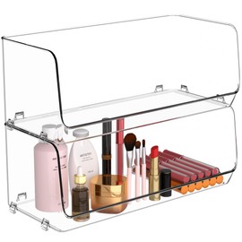 STARLATTA 2Pcs Stackable Storage Bins Open Front,Plastic Makeup Organizer for Vanity,Clear Organizer Bins, Bathroom Counter Organizer, Desk Organizers,Cabinet Organizers,Kitchen Organization