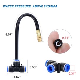 Mornajina 5Packs Brass Misting Nozzles Tee with 8inch Built in Hose for Outdoor Cooling System, Adjustable 360° Rotation, Water Mister Nozzles Thread Sprayer 0.043" (1.1 mm)