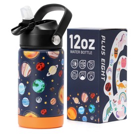 pluseight Kids Insulated Water Bottle with Straw Lid, 350 ml, BPA-Free Double Wall Vacuum Tumbler, 18/8 Stainless Steel Leak-Proof Kids Cups with Straw for School, Travel, Boys and Girls (Planet)