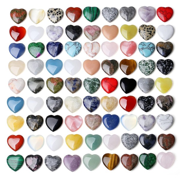 XIANNVXI 80 Pieces Crystal Heart Set Natural Gemstones Hearts Love Stone Crystal Heart Stones Semi-Precious Heart Tumbled Stones Stones as Heart Chakra Stones Set Cute Room Decor