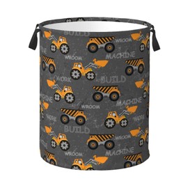 Jbofyee Cute Excavator Engineering Vehicle Laundry Hamper Bag With Waterproof Liner - Round Laundry Basket Foldable Clothes Storage Organizer For Bathroom Bedroom Nursery Dorm, M-19.6"X 15.7"