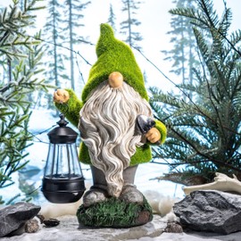 TERESA'S COLLECTIONS Funny Garden Gnomes Garden Decoration for Outdoor Use 31 cm Weatherproof Figure with LED Solar Lantern Gnome Garden Figures Made of Resin Garden Gnome Garden Decoration Garden