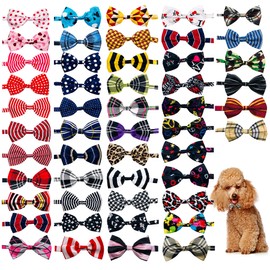 JpGdn 50pcs Small Dogs Bowties Bulk for Puppy Doggy Cat Kitten Rabbit Medium Boys and Girls Bow Ties with Polka Dots Checks Stripes Pet Adjustable Collar Neck Bows Ties Grooming Attachment Accessories