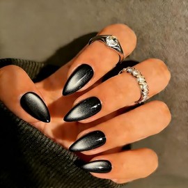 SXVME Uñas postizas Cat Eye color almendra, hechas a mano, de grosor medio, en cromo negro, para mujer, para fiestas de cumpleaños, reutilizables, con