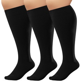 CONRAN KREMIX Plus Size Compression Socks For Women Black Wide Calf Sports Long Knee High Soothe Breathable Black Socks Women-4XL